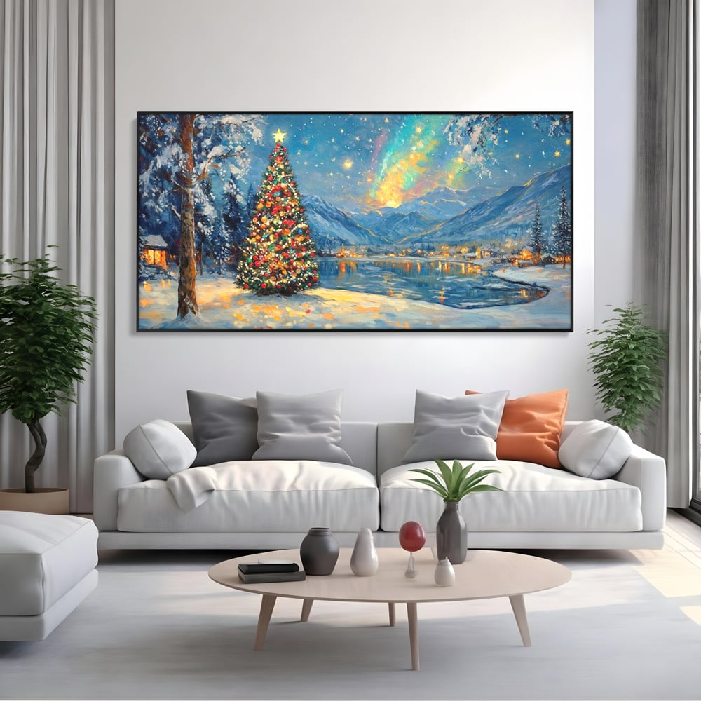 Tablou canvas cu pictura cu brad de craciun pe malul lacului, in rama de aluminiu negru, pe perete intr-un living